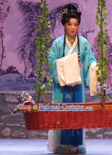 Chinese Ping Opera Country Female Apparels Costumes and Headpieces Legend of Love Traditional Pingju Opera Diva Blue Dress Garment