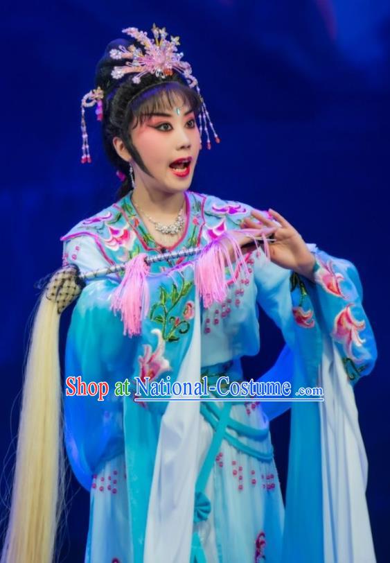 Chinese Ping Opera Hua Tan Goddess Apparels Costumes and Headpieces Legend of Love Traditional Pingju Opera Actress Blue Dress Garment