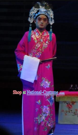 The Five Female Worshipers Chinese Ping Opera Scholar Rosy Robe Costumes and Headwear Pingju Opera Xiaosheng Scholar Apparels Clothing