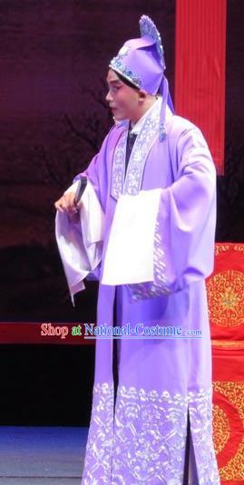 The Five Female Worshipers Chinese Ping Opera Scholar Purple Robe Costumes and Headwear Pingju Opera Xiaosheng Apparels Young Male Clothing