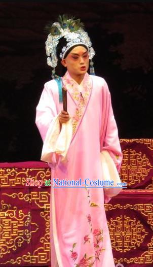 The Five Female Worshipers Chinese Ping Opera Xiaosheng Costumes and Headwear Pingju Opera Young Male Scholar Apparels Pink Embroidered Robe Clothing