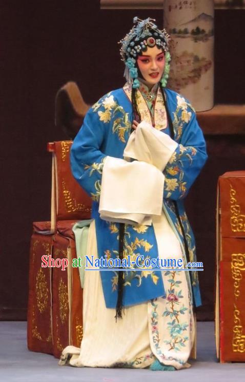 Chinese Ping Opera Young Mistress Apparels Costumes and Headdress Peach Blossom Temple Traditional Pingju Opera Diva Actress Blue Dress Garment