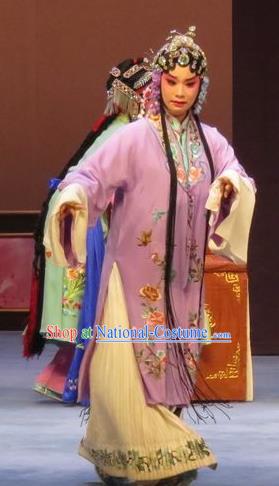 Chinese Ping Opera Apparels Actress Costumes and Headdress Peach Blossom Temple Traditional Pingju Opera Diva Young Mistress Purple Dress Garment