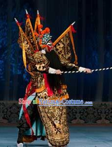 Ma Zhaoyi Chinese Ping Opera General Kao Armor Suit with Flags Costumes and Headwear Pingju Opera Elderly Male Apparels Clothing