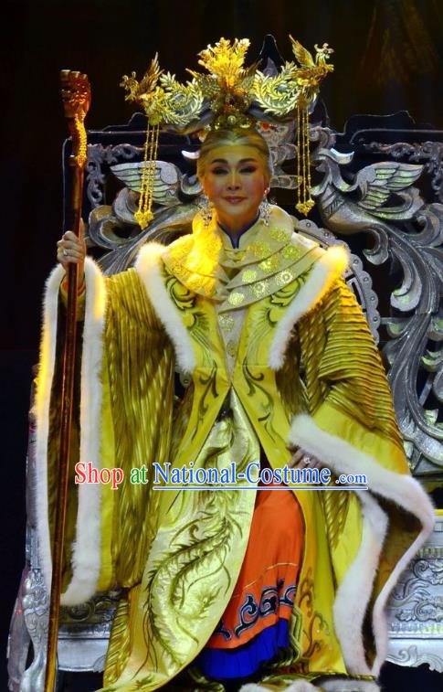 Chinese Ping Opera Queen Mother Golden Costumes Apparels and Headdress Xiaozhuang Changge Traditional Pingju Opera Empress Dowager Dress Garment