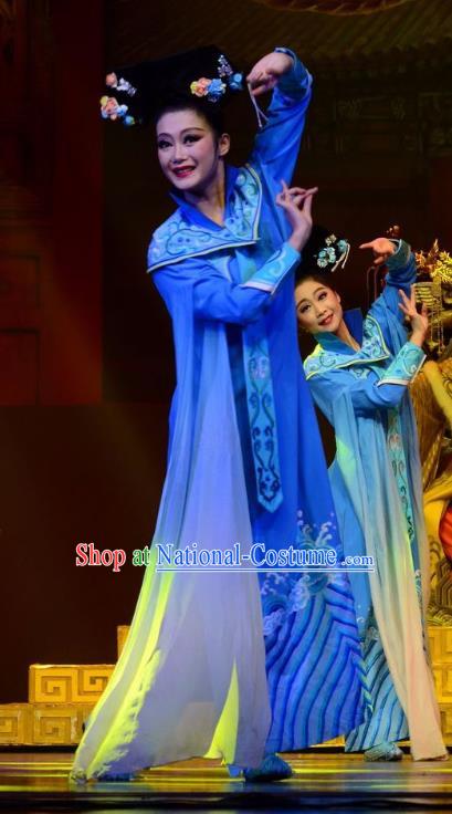 Chinese Ping Opera Palace Lady Costumes Apparels and Headdress Xiaozhuang Changge Traditional Pingju Opera Actress Blue Dress Garment