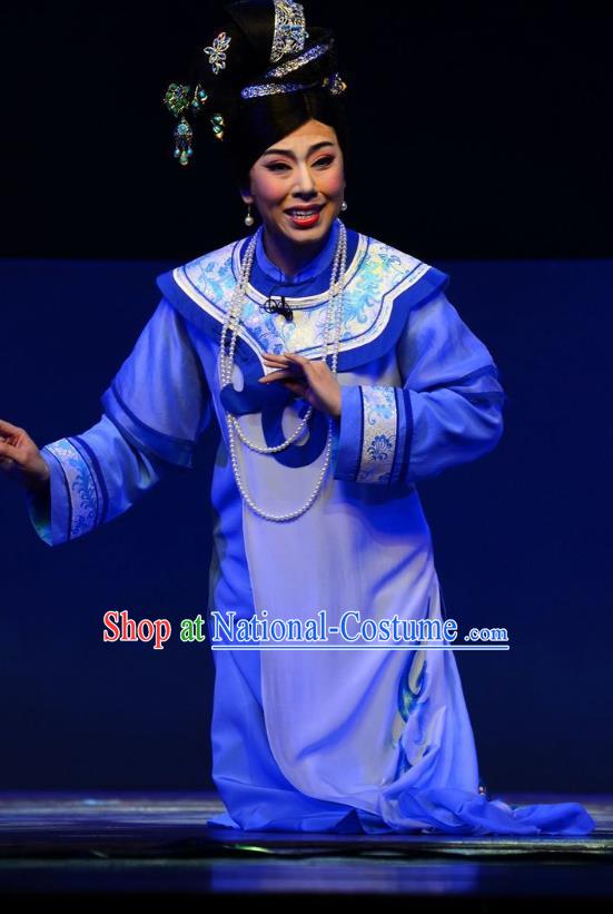 Chinese Ping Opera Palace Lady Costumes Apparels and Headdress Xiaozhuang Changge Traditional Pingju Opera Qing Dynasty Blue Dress Garment