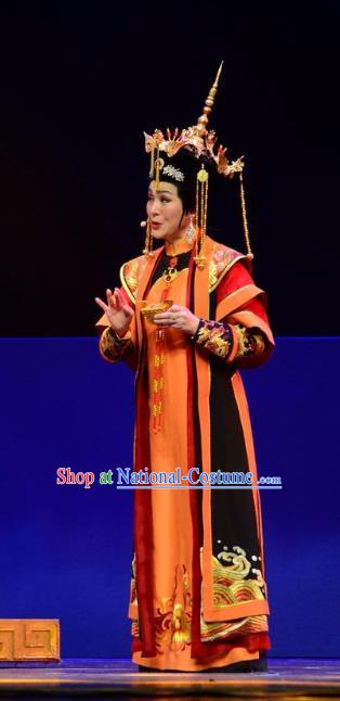 Chinese Ping Opera Queen Mother Costumes Apparels and Headdress Xiaozhuang Changge Traditional Pingju Opera Qing Dynasty Empress Dowager Dress Garment