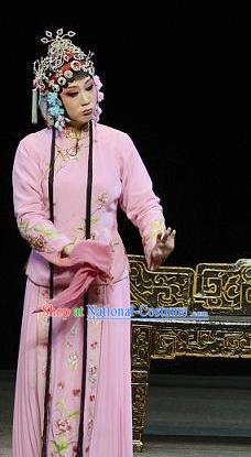 Chinese Ping Opera Young Beauty Chun Lian Costumes Apparels and Headpieces Embroidered Shoes Traditional Pingju Opera Diva Pink Dress Garment