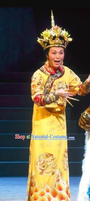 Chinese Ping Opera Qing Dynasty Queen Mother Costumes Apparels and Headdress Xiaozhuang Changge Traditional Pingju Opera Dress Empress Dowager Garment