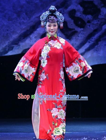 Chinese Ping Opera Diva Costumes Apparels and Headpieces Ji Yin Chuan Qi Traditional Pingju Opera Young Female Widow Leng Yuefang Red Dress Garment