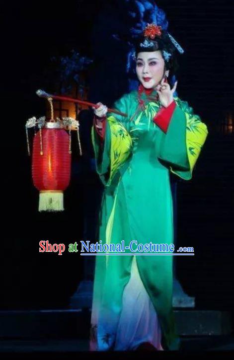 Chinese Ping Opera Actress Costumes Widow Leng Yuefang Apparels and Headpieces Ji Yin Chuan Qi Traditional Pingju Opera Hua Tan Green Dress Garment