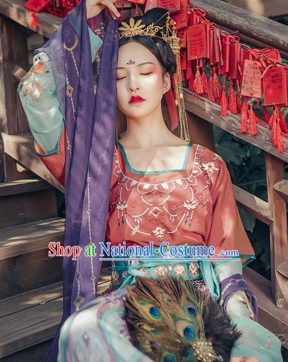 Chinese Traditional Tang Dynasty Hanfu Dress Ancient Royal Princess Embroidered Apparels Historical Costumes