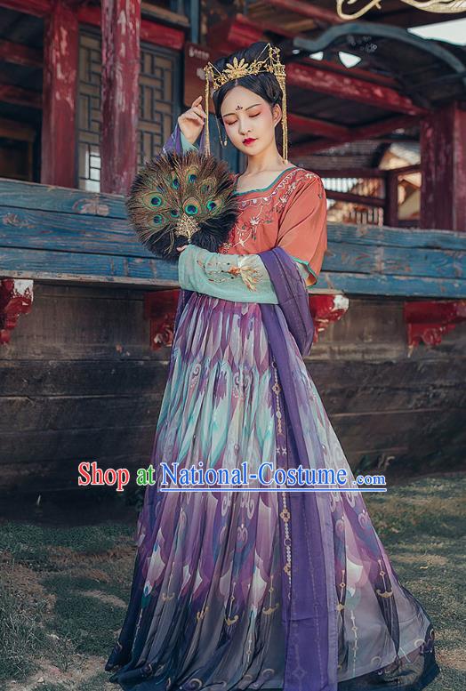 Chinese Traditional Tang Dynasty Hanfu Dress Ancient Royal Princess Embroidered Apparels Historical Costumes