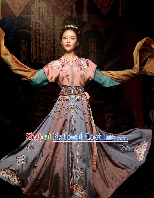 Chinese Traditional Tang Dynasty Flying Apsaras Dance Hanfu Dress Ancient Palace Lady Embroidered Apparels Historical Costumes Complete Set