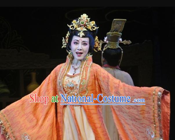 Chinese Shaoxing Opera Diva Orange Dress Costumes and Headpieces Zhen Huan Apparels Yue Opera Hua Tan Imperial Consort Garment