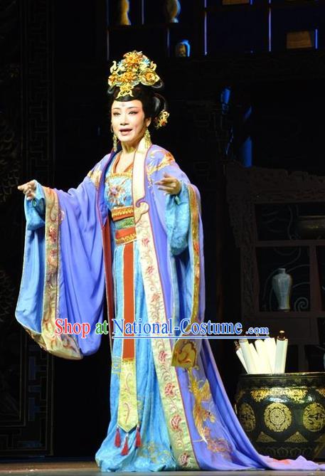 Chinese Shaoxing Opera Diva Hua Tan Costumes Yue Opera Zhen Huan Apparels Garment Imperial Consort Purple Dress and Headpieces