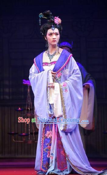 Chinese Shaoxing Opera Diva Imperial Consort Costumes Yue Opera Hua Tan Zhen Huan Apparels Court Lady Garment Purple Dress and Hair Accessories