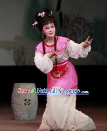 Chinese Shaoxing Opera Maidservant Costumes Yue Opera Xiao Dan The Wrong Red Silk Apparels Garment Servant Girl Rosy Dress and Hair Jewelry