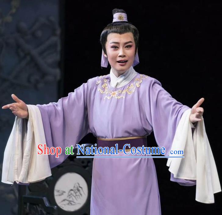 Chinese Yue Opera Young Male Costumes Garment Shuang Yu Chan Shaoxing Opera Scholar Shen Mengxia Clothing Apparels Purple Robe and Headwear