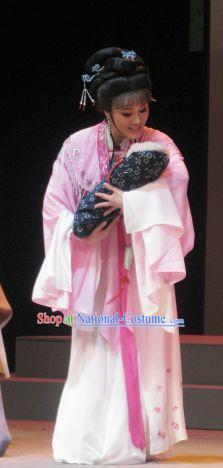 Chinese Shaoxing Opera Young Female Hua Tan Garment Shuang Yu Chan Cao Fang Er Yue Opera Costumes Actress Pink Dress Apparels and Headdress