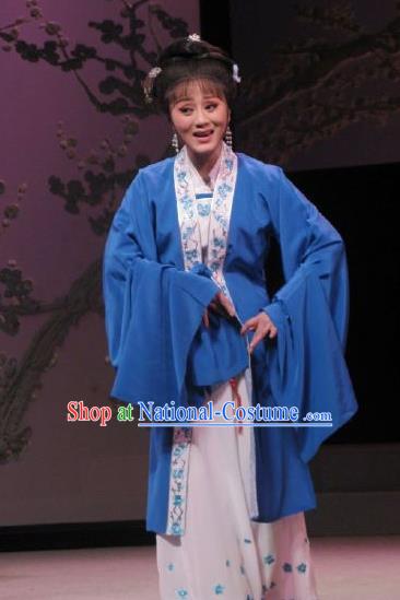 Chinese Shaoxing Opera Elderly Woman Garment Shuang Yu Chan Yue Opera Actress Costumes Middle Age Female Blue Dress Apparels and Hair Accessories