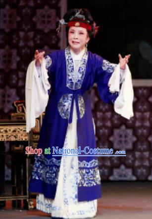 Chinese Shaoxing Opera Elderly Woman Costumes Yue Opera Lao Dan The Wrong Red Silk Apparels Garment Dame Blue Dress and Headdress