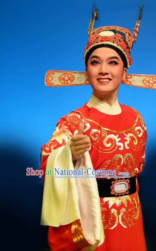 Chinese Yue Opera Number One Scholar Red Embroidered Robe Costumes and Headwear Shuang Yu Chan Shaoxing Opera Xiao Sheng Apparels Garment