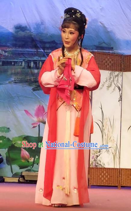 Chinese Shaoxing Opera Maidservant Costumes Yue Opera Xiao Dan The Wrong Red Silk Young Lady Garment Servant Girl Apparels and Hair Jewelry