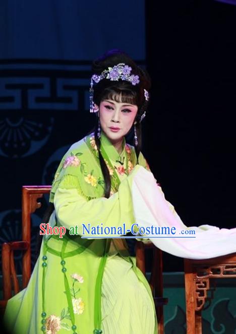 Chinese Shaoxing Opera Dan Green Dress Garment A Tragic Marriage Yue Opera Actress Costumes Hua Tan Apparels and Hair Ornaments