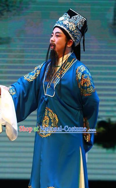 The Wrong Red Silk Chinese Yue Opera Elderly Male Apparels Shaoxing Opera Laosheng Costumes Garment Landlord Blue Robe and Hat