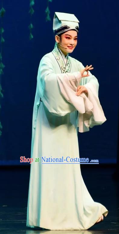 Chinese Yue Opera Scholar Niche Costumes and Hat Shaoxing Opera Yan Zhi Apparels Xiao Sheng Young Male E Qiusun Robe Garment