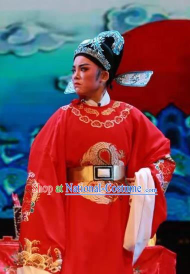 Chinese Yue Opera Scholar The Wrong Red Silk Apparels Shaoxing Opera Xiao Sheng Costumes Bridegroom Wedding Garment and Hat