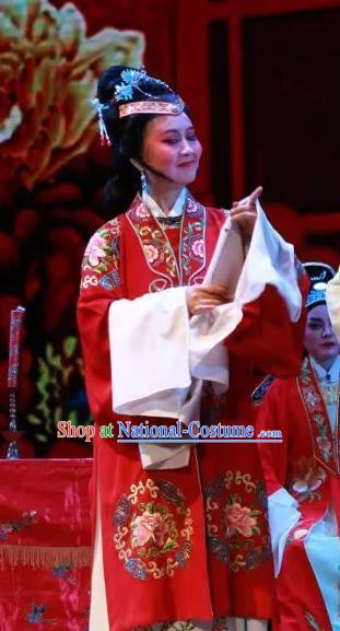 Chinese Shaoxing Opera Old Woman The Wrong Red Silk Costumes Yue Opera Dame Garment Elderly Female Red Apparels and Headpieces