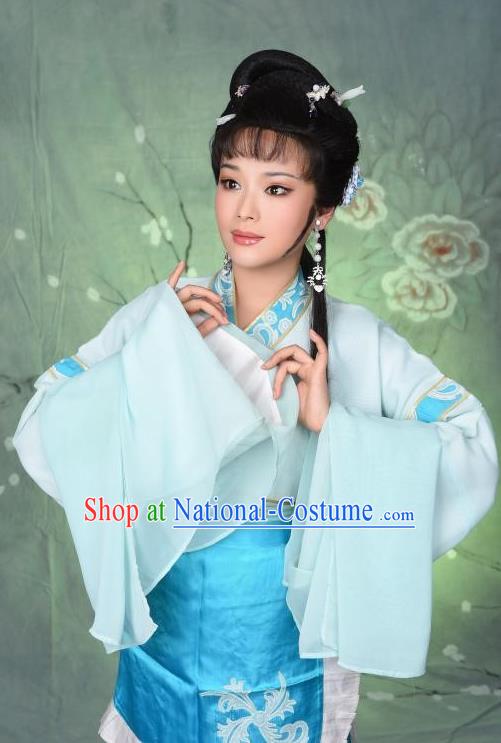 Chinese Shaoxing Opera Hua Tan Zhang Liuyue The Wrong Red Silk Costumes Yue Opera Beauty Garment Young Lady Blue Apparels and Headpieces