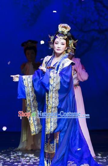 Chinese Shaoxing Opera Empress Costumes Yue Opera Zhen Huan Apparels Hua Tan Garment Imperial Queen Blue Dress and Headdress