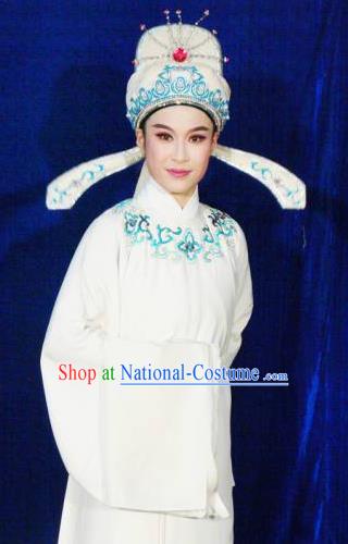 Chinese Yue Opera Gifted Youth Tang Bohu Costumes Flirting Garment Shaoxing Opera Scholar Apparels Xiaosheng Artist White Robe and Headwear