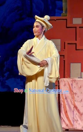 Chinese Yue Opera Genius Scholar Costumes Flirting Scholar Tang Bohu Garment Shaoxing Opera Xiaosheng Yellow Robe Apparels and Headwear