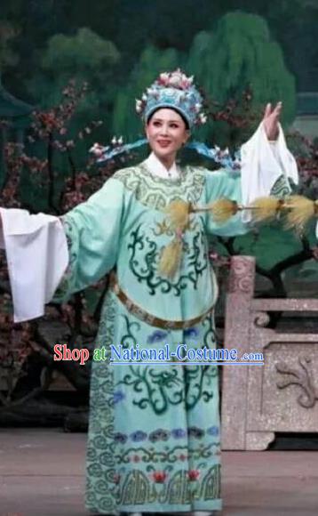 Chinese Yue Opera Young Male Meng Lijun Costumes Garment Shaoxing Opera Xiaosheng Scholar Green Python Embroidered Robe Apparels and Headpiece