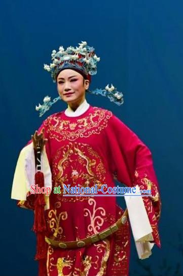 Chinese Yue Opera Number One Scholar Costumes Garment Shaoxing Opera Meng Lijun Apparels Young Male Red Python Embroidered Robe and Headwear