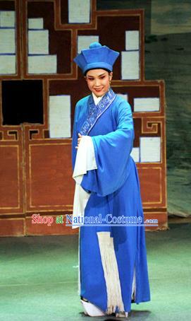 Chinese Yue Opera Servant Costumes Flirting Scholar Garment Shaoxing Opera Young Male Role Xiaosheng Hua An Apparels Blue Robe and Hat