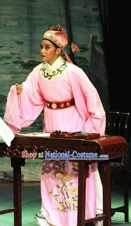 Chinese Yue Opera Calligrapher Costumes Flirting Garment Shaoxing Opera Young Male Role Apparels Scholar Wen Zhengming Pink Robe and Hat