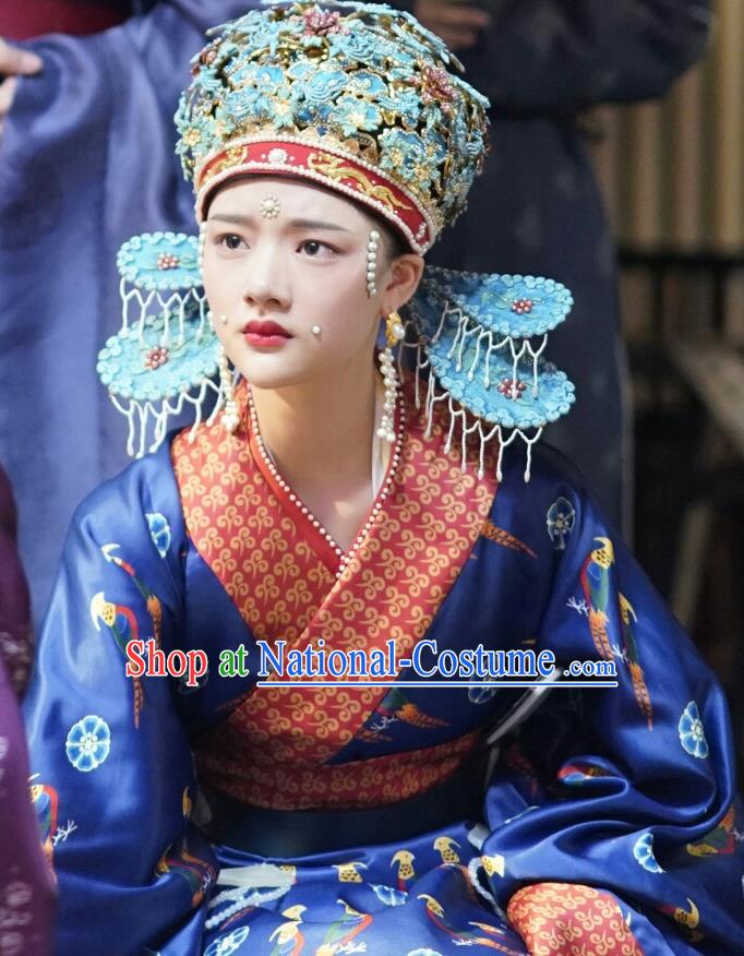 Chinese Ancient Royal Princess Wedding Hanfu Dress Drama Serenade of Peaceful Joy Song Dynasty Infanta Zhao Huirou Historical Costumes and Headdress