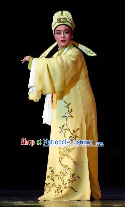 Chinese Yue Opera Xiao Sheng Young Male Costumes and Hat Shaoxing Opera Dong Xiaowan And Mao Bijiang Apparels Garment Scholar Yellow Embroidered Robe