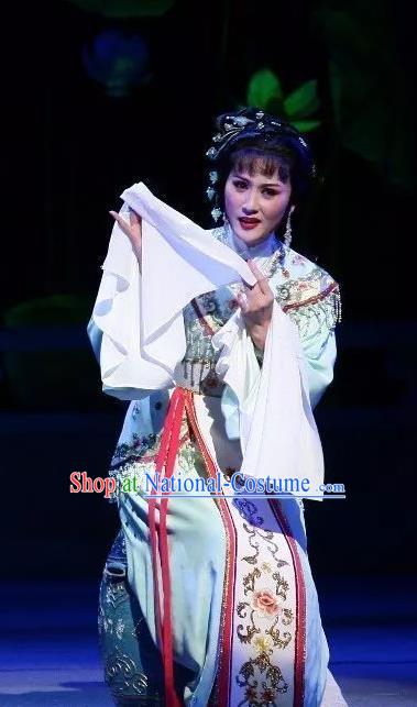 Chinese Shaoxing Opera Diva Hua Tan Blue Dress Garment Yue Opera Zhui Yu Noble Lady Jin Mudan Costumes Actress Young Lady Apparels and Headpieces