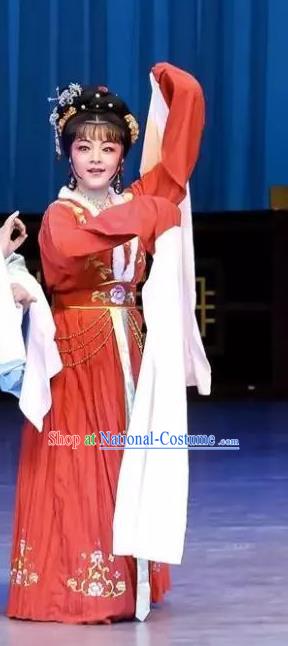 Chinese Shaoxing Opera Xiao Dan Maidservant Red Dress Garment Yue Opera Zhui Yu Costumes Actress Carp Fairy Apparels and Hair Accessories