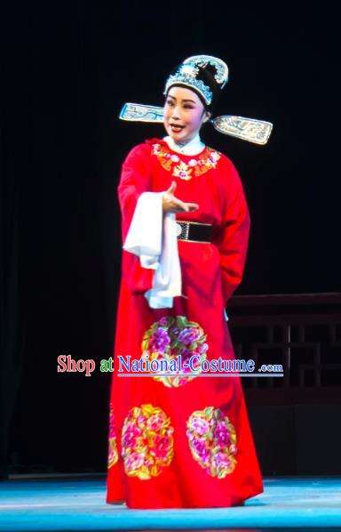 Chinese Yue Opera Xiao Sheng Lu You And Tang Wan Wedding Costumes and Hat Shaoxing Opera Scholar Apparels Young Male Brodegroom Red Embroidered Robe Garment