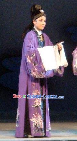 Chinese Yue Opera Xiaosheng Scholar Lu You And Tang Wan Costumes and Headwear Shaoxing Opera Niche Apparels Purple Garment