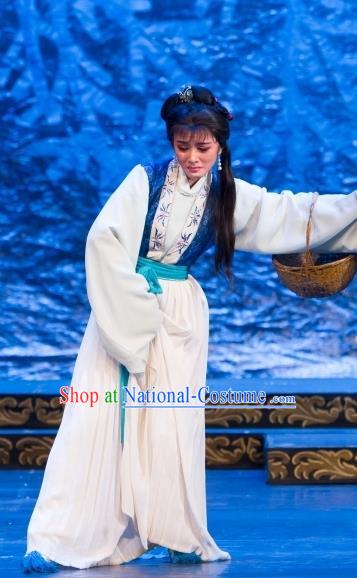 Chinese Shaoxing Opera Village Woman Dress Yue Opera Wu Nv Bai Shou Hua Dan Garment Costumes Yang Sanchun Apparels and Headdress