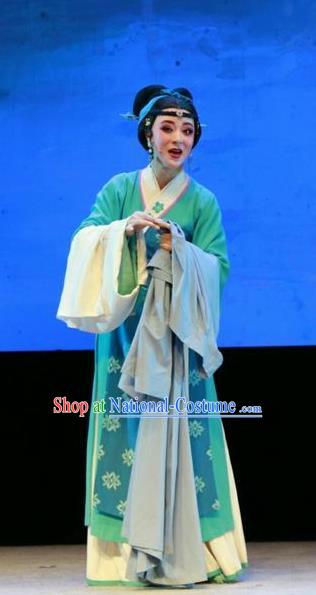 Chinese Shaoxing Opera Country Woman Green Dress and Headpiece Yue Opera Shuang Jiao Jie Qin Garment Costumes Actress Young Mistress Apparels